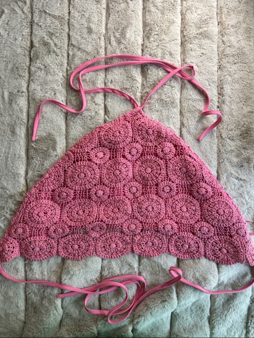 Pink Triangle Crochet Beach or Festival Halter with Neck and Back Ties, Small